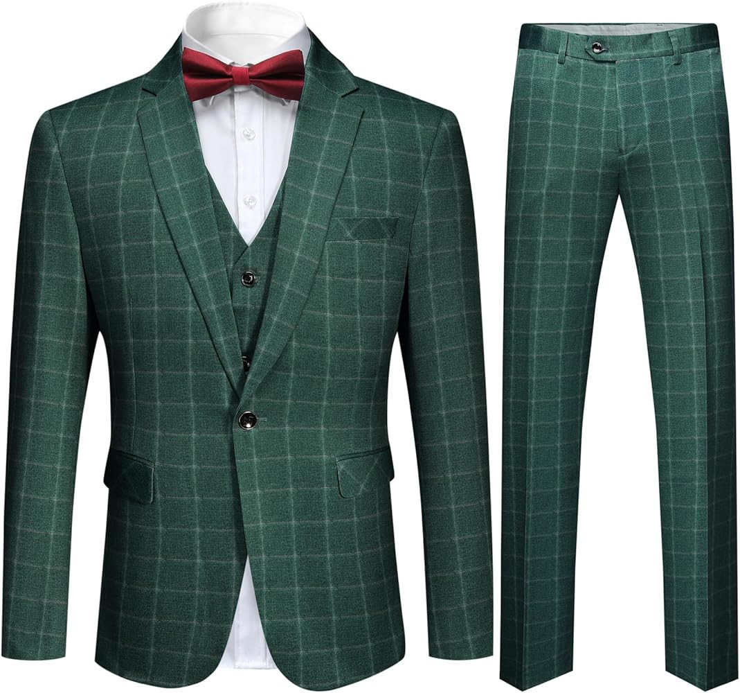 Cloudstyle Mens 3-Piece Plaid Suit Set Modern Fit Jacket Tux Blazer Vest Pants | Amazon (US)