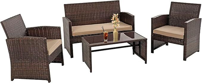 4 Pieces Patio Furniture Set Outdoor Furniture Wicker Conversation Set with seat Cushion for Pool... | Amazon (US)