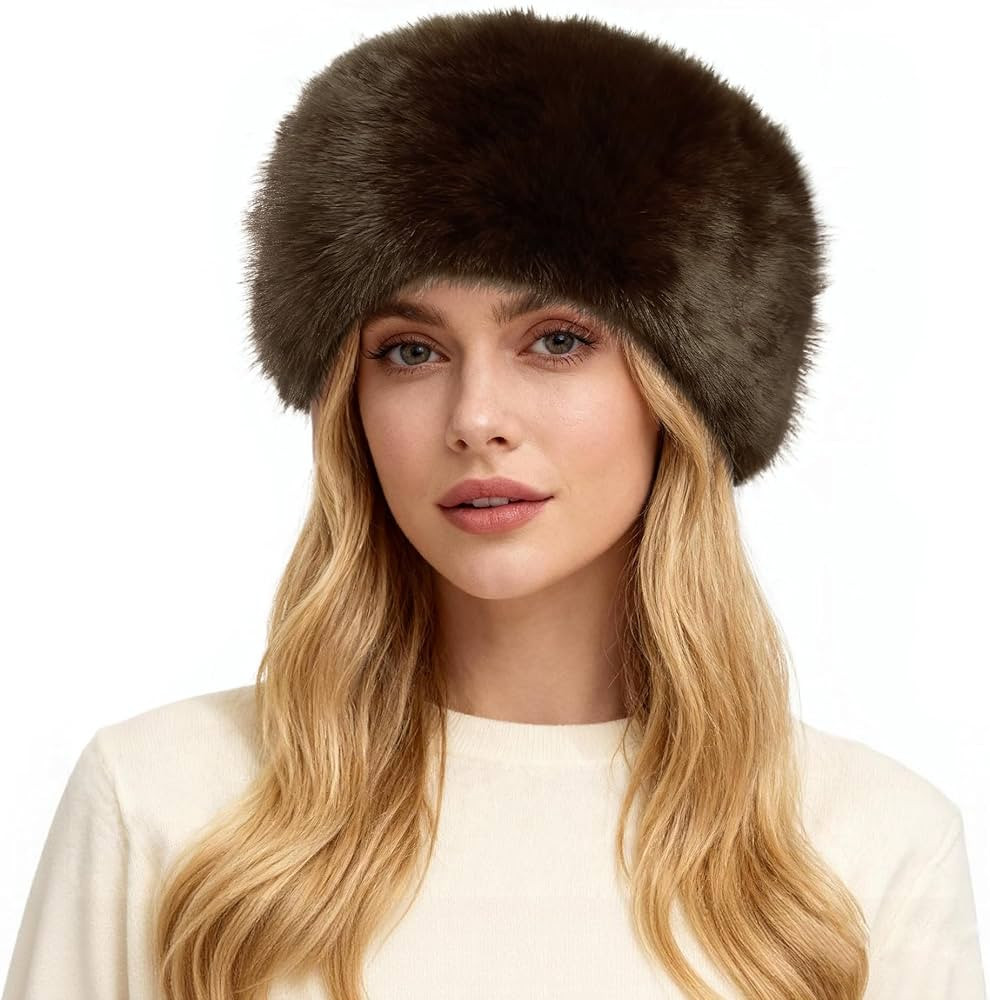 HH HOFNEN Faux Fur Headband for Women Winter Fur Hat with Stretch Ear Warmer Earmuff Brown | Amazon (US)