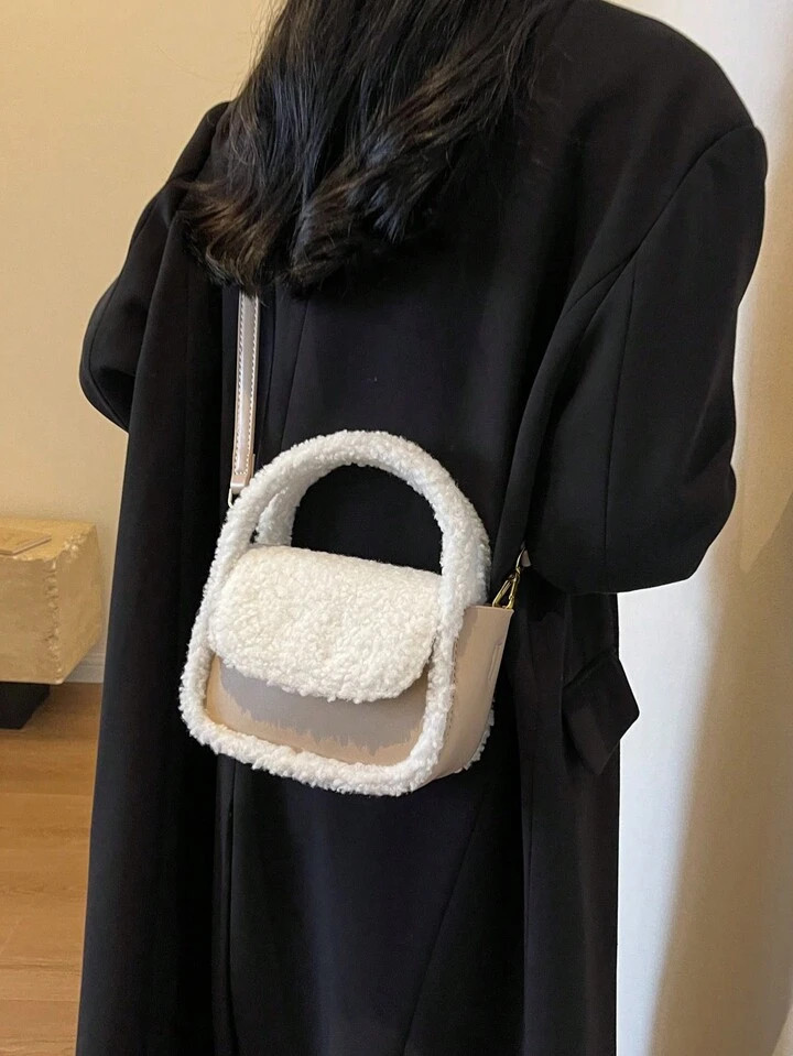 1pc Color Block Plush & Pu Leather Handheld Bucket Bag With Adjustable And Detachable Long Should... | SHEIN