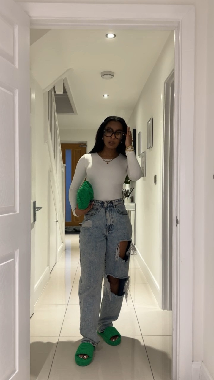 Casual outfit, shopping day outfit, tala long sleeved bodysuit, ripped wide leg jeans, pretty little thing, bottega bag and sliders, green accessories, tom Ford sunglsssed 

#LTKstyletip #LTKSeasonal #LTKeurope