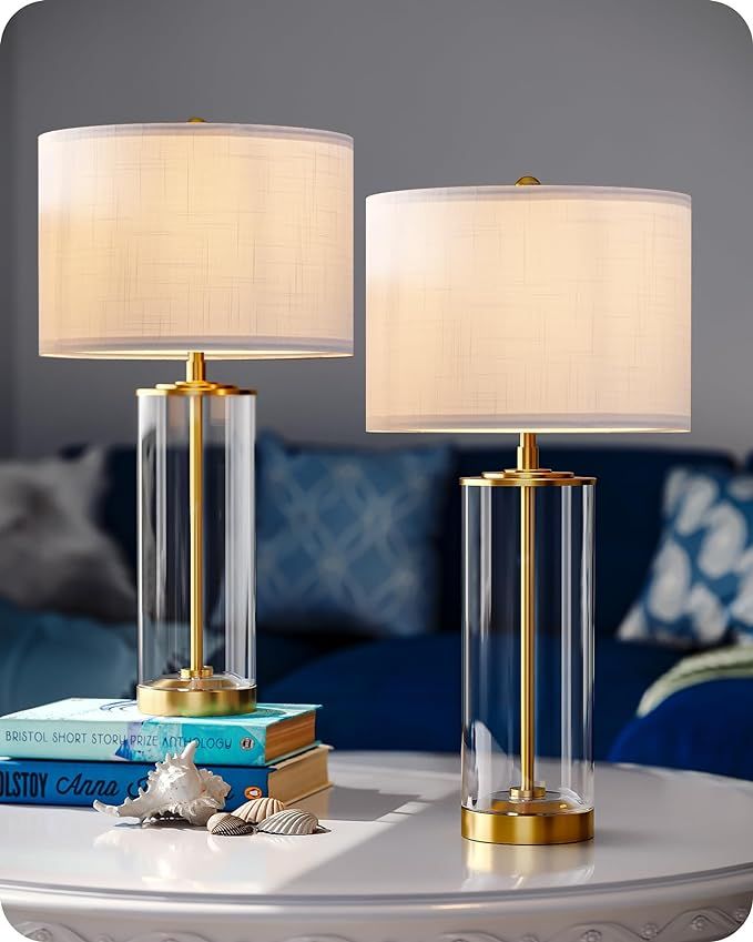 EDISHINE 23.6IN Glass Table Lamp DIY Fillable Base, White Linen Lampshade Table Lamp Set of 2, Ta... | Amazon (US)