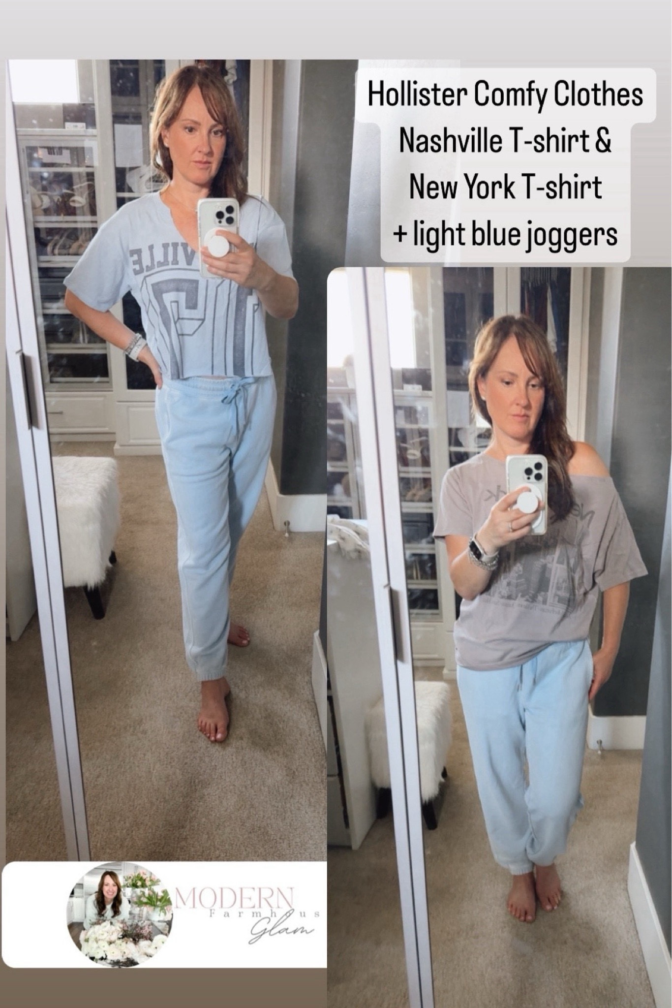 Arie American Eagle Hollister comfy clothes. Nashville tshirt and New York off the shoulder tshirt. Comfy light blue joggers sweat pants. Wearing size small in all TTS. 

#LTKSaleAlert #LTKFallSale #LTKStyleTip
