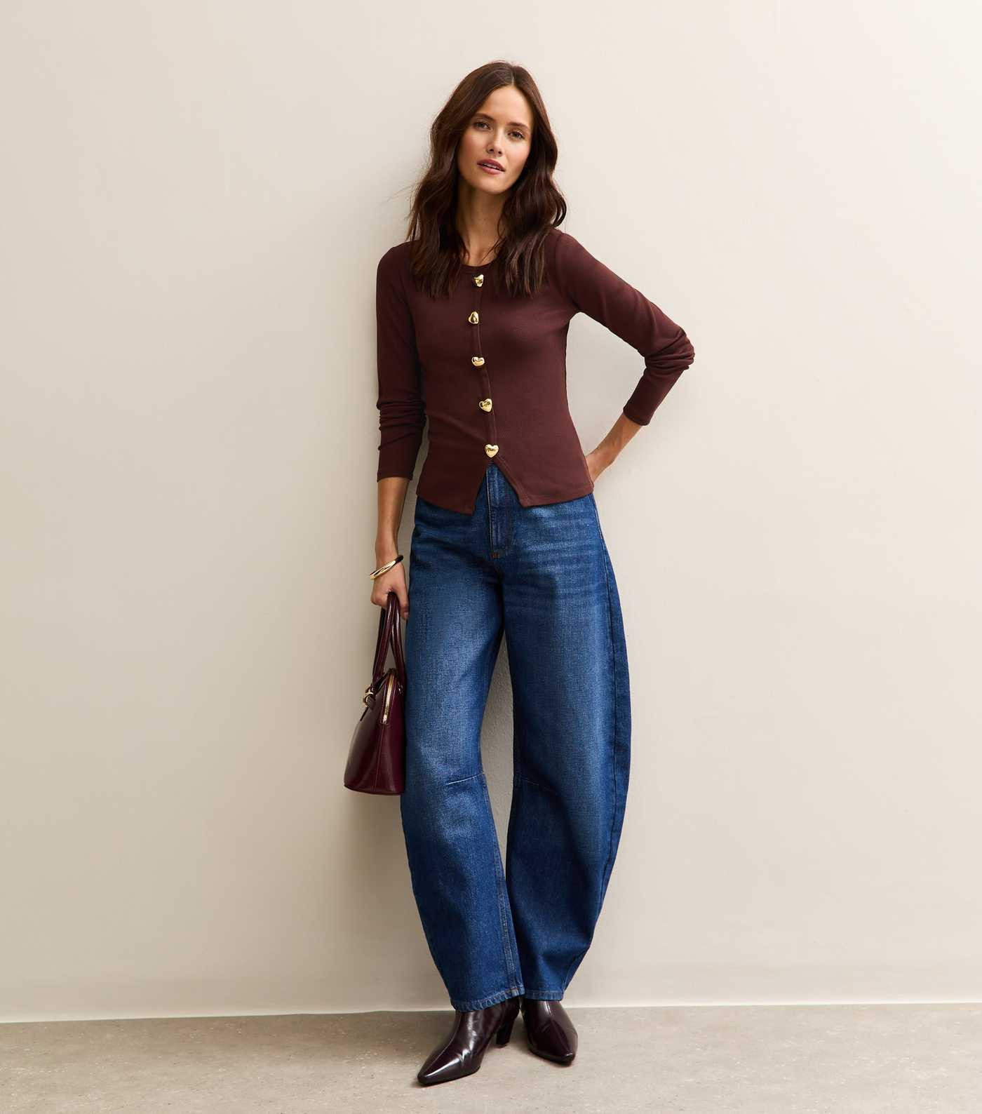 Brown Heart Button Long Sleeve Top | New Look | New Look (UK)