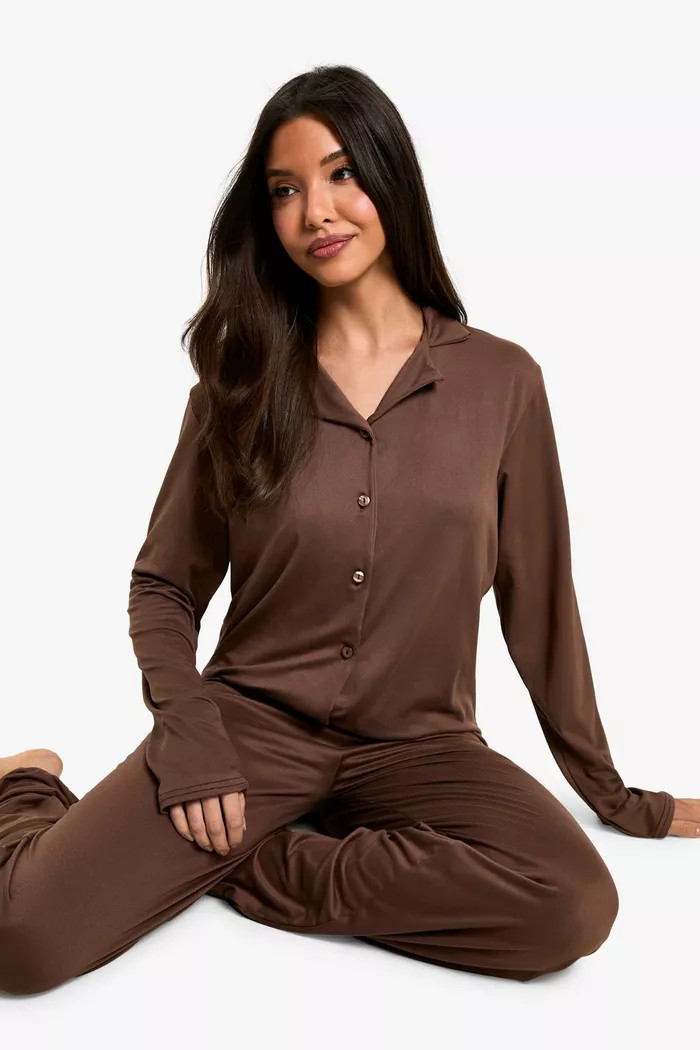 Soft Touch long Sleeve Shirt and Trouser Pyjama Set | Boohoo.com (UK & IE)