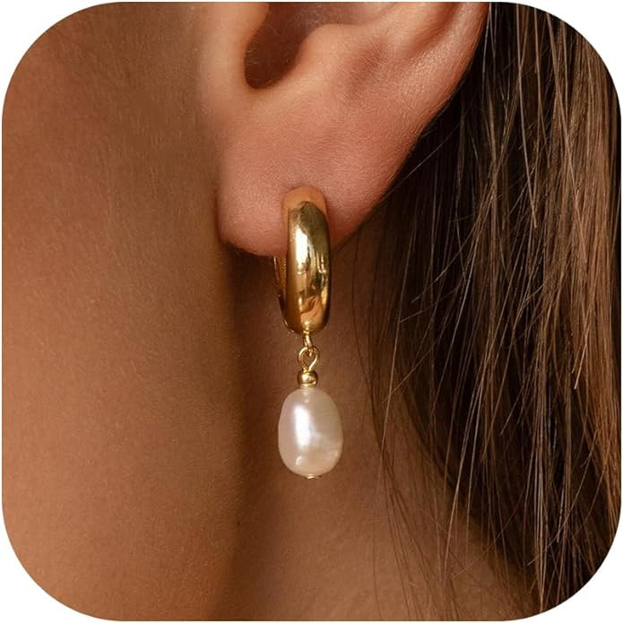 Pearl Earrings for Women 14K Gold Freshwater Pearl Hoop Earring Dangle Drop Wedding Earrings Brid... | Amazon (US)