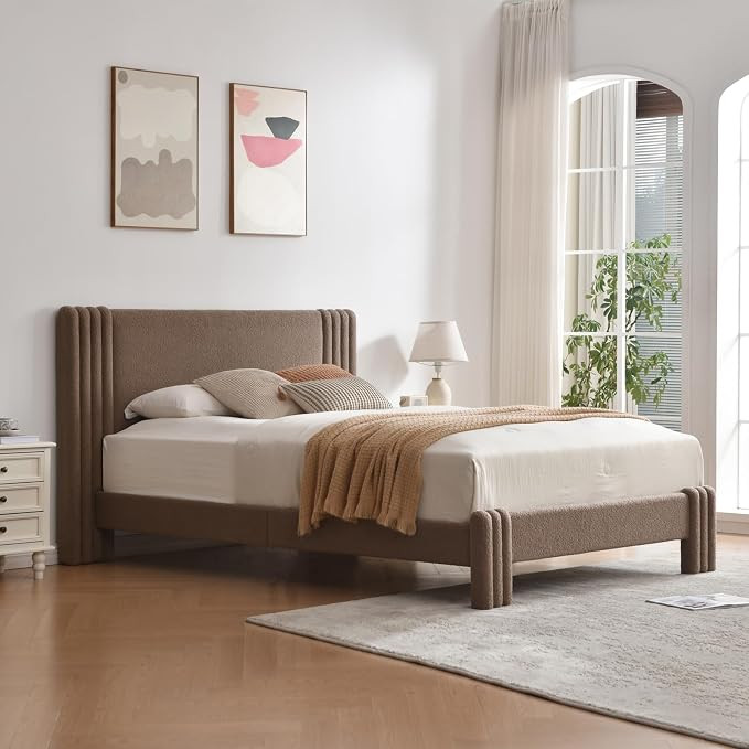 PINJU Upholstered Platform Bed Frame, Featuring a Vertical-Striped and Paneled headboard; Sturdy ... | Amazon (US)