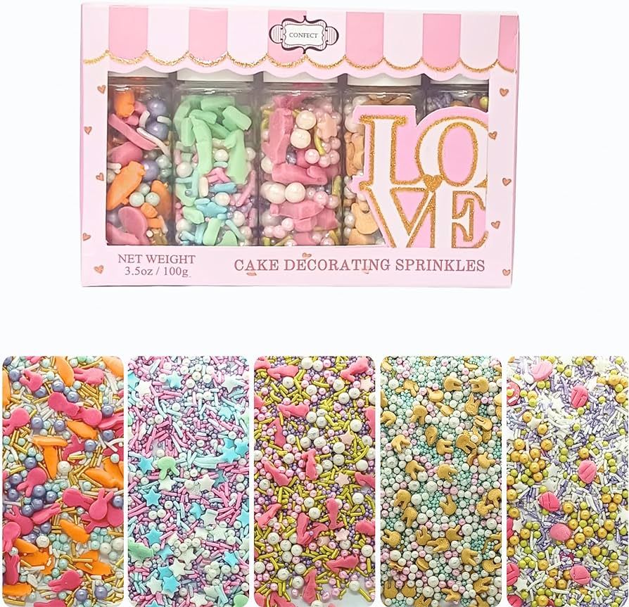 Confect Spring Sprinkles | Assorted pack of 5 White, Pink and Sky Blue Pearls & Stars I Bunny Spr... | Amazon (US)