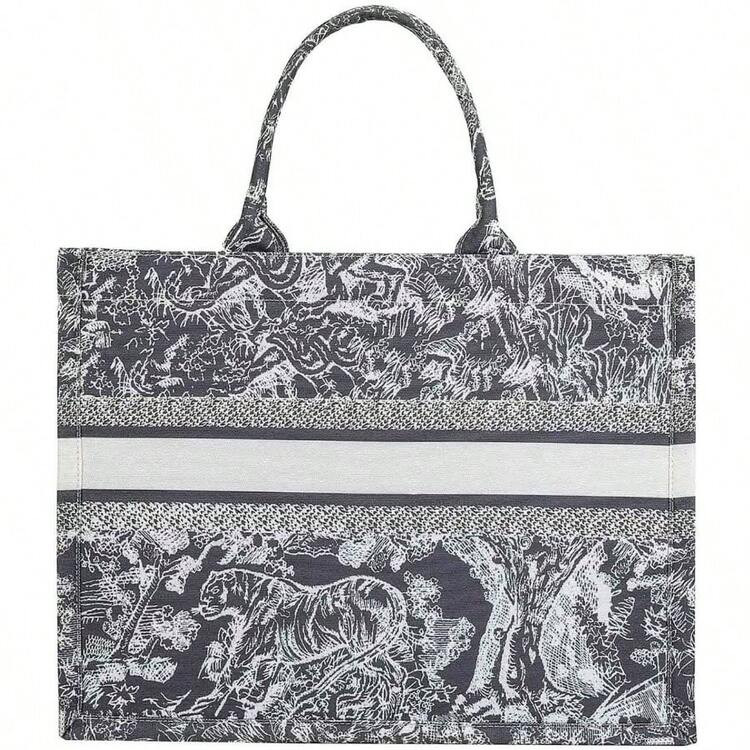 Fashion Luxury Tote Bag Cotton Linen One Shoulder Handbag Large Capacity Jacquard Embroidery Retro Exquisite Graffiti | SHEIN