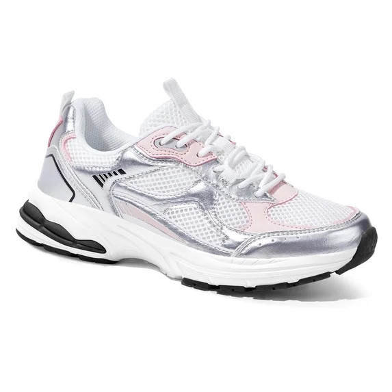 LUCKY STEP Chunky Fashion Mesh Sneakers Casual Running Walking Shoes,White/Silver,Womens | Walmart (US)