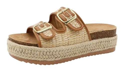 BAMBOO Women Round Toe Double Buckle Strap Slip-On Platform Sandal Embroidered Platform Sandals Brake-01 Natural Woven 10 | Amazon (US)