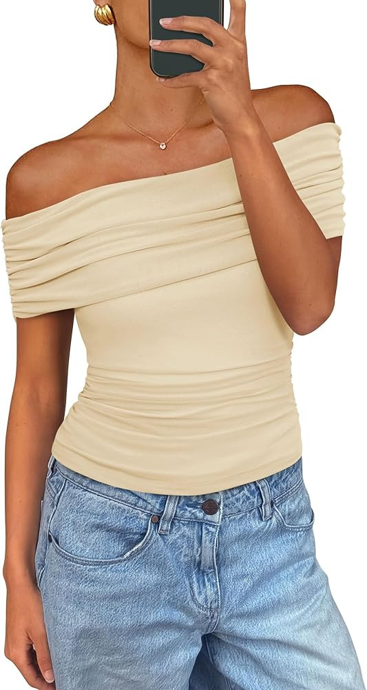 PRETTYGARDEN Off The Shoulder Tops for Women 2025 Summer Short Sleeve Ruched Slim Fit Shirts Blou... | Amazon (US)