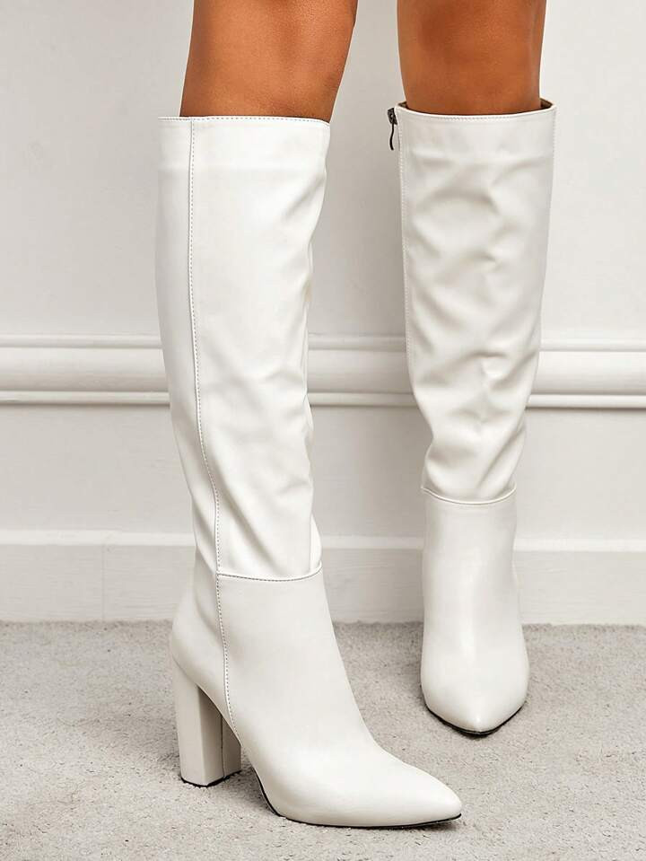 TrendsWomen's Classic Chunky High Heel Pointed Toe Side Zipper White Over-the-knee Boots For Warm... | SHEIN