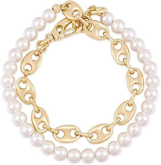 Ettika 18k Gold Plated and Pearl Bracelet. Modern Chain Link Wrap Bracelet. Fashion Jewelry for W... | Amazon (US)