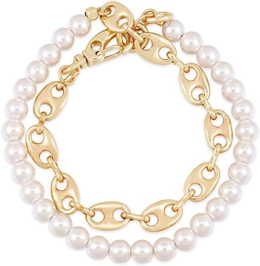 Ettika 18k Gold Plated and Pearl Bracelet. Modern Chain Link Wrap Bracelet. Fashion Jewelry for W... | Amazon (US)