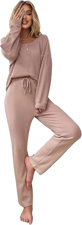 WDIRARA Women's 2 Piece Waffle Knit Button Down Long Sleeve Top and Pants Pj Lounge Set | Amazon (US)