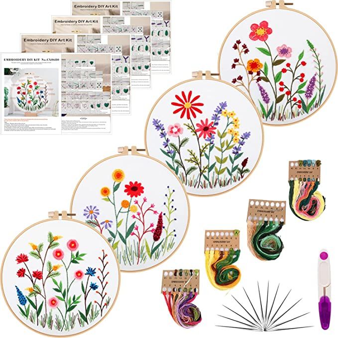 Amazon.com: Tcbasrt 4Pack Embroidery Kit for Beginners with Pattern and Instructions, Cross Stitc... | Amazon (US)