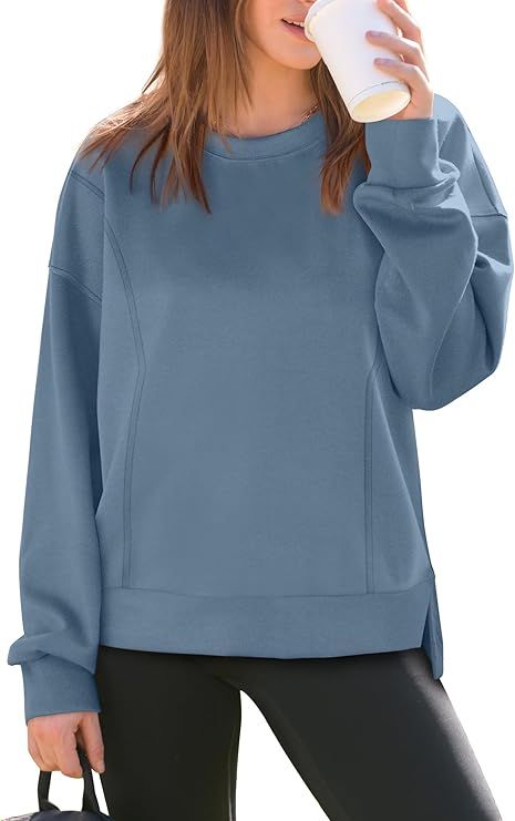 OFEEFAN Crewneck Sweatshirts for Women Fall Long Sleeve Shirts Side Slit Tops Loose Fit | Amazon (US)