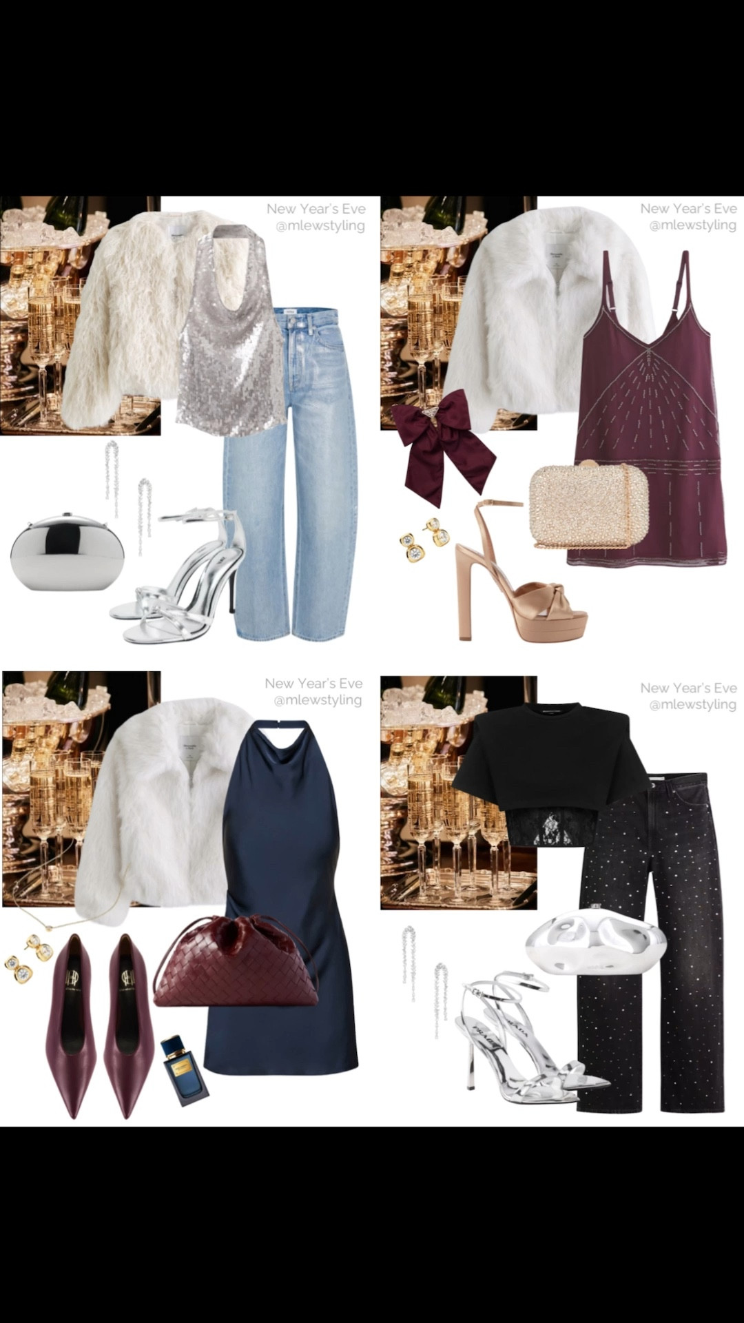 NYE party outfit ideas 🥂✨

Tags: New Year’s Eve, holiday party look, Christmas party outfit, winter date night, drinks with friends, cocktail dress, faux fur jacket, sparkle jeans, silver clutch bag, silver high heels, statement earrings

#LTKootd #LTKHoliday #LTKSeasonal