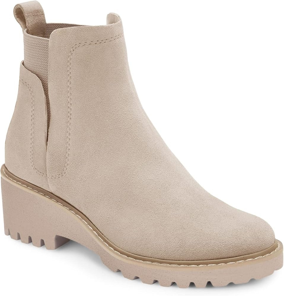 Womens Platform Lug Sole Chelsea Boots Ankle High Chunky Block Heel Non-Slip Suede Leather Slip on C | Amazon (US)