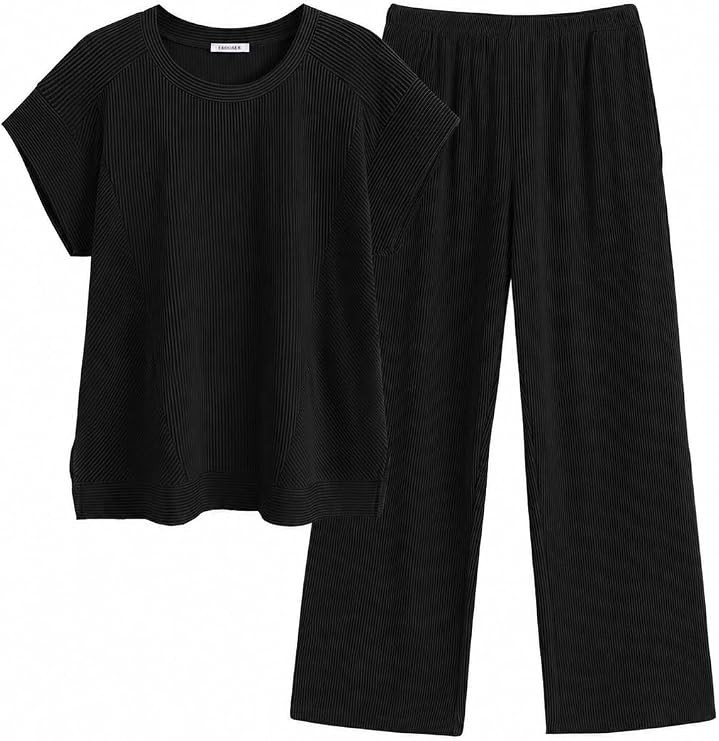 Ekouaer Two Piece Sets for Women Ribbed Short Sleeve Wide Leg Pant Set | Ribbed Texture, Crew Nec... | Amazon (US)