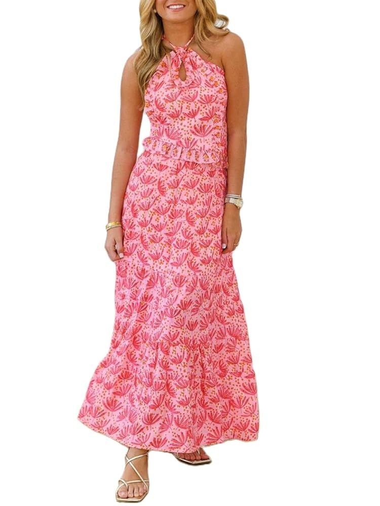 Women Y2k Ruffle Skirt Set Boho Floral Print Halter Tank Top Flowy Maxi Skirt Outfit Going Out St... | Amazon (US)