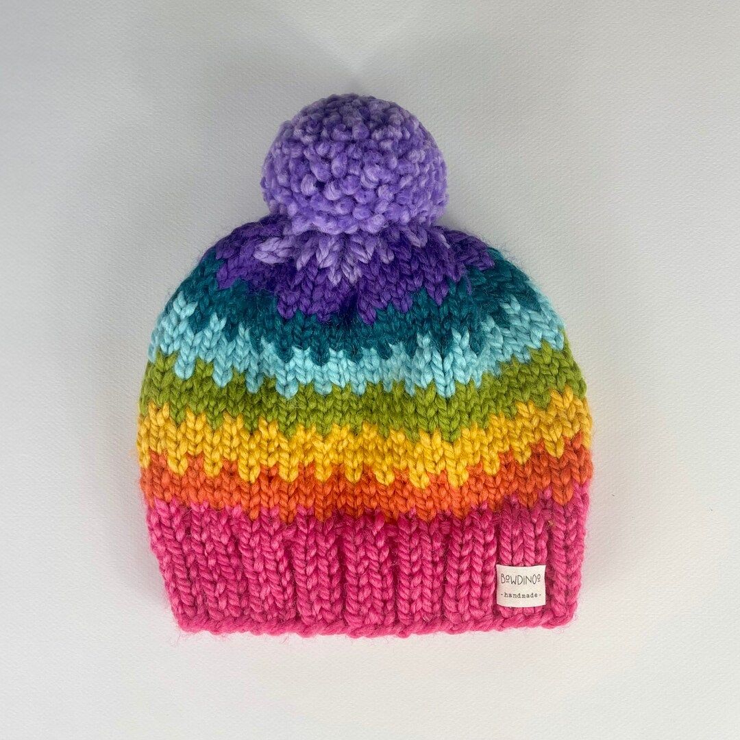 Knit Hat | Rainbow Hat | Chunky Knit Hat | Bulky Knit Hat | Rainbow Beanie | Pom Pom Hat | Baby K... | Etsy (US)
