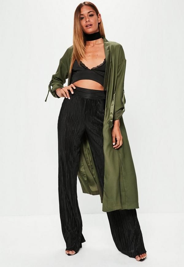 Khaki Satin Detail Double Tie Front Duster Jacket | Missguided (US & CA)