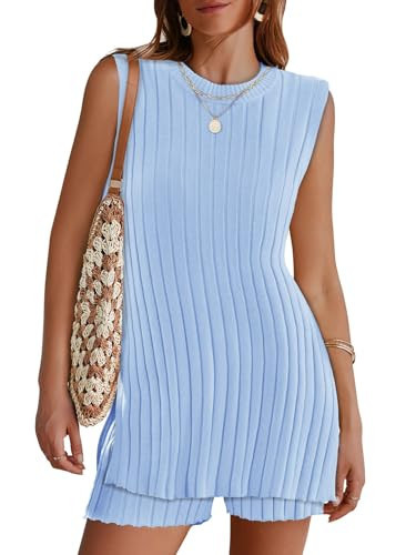 Tankaneo Womens 2 Piece Summer Outfits Knit Sweater Sets Sleeveless Ribbed Tunic Tops and Shorts ... | Amazon (US)