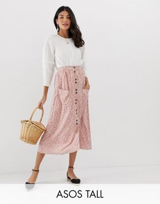ASOS DESIGN Tall button front midi skirt with pockets in brown floral print | ASOS US