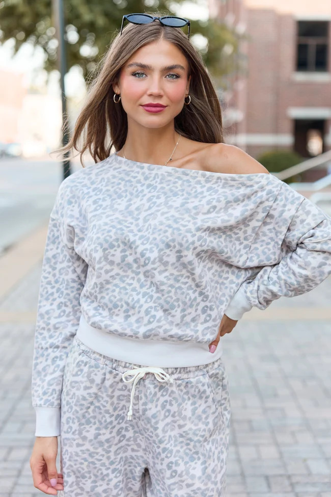 Learn As You Go Leopard Off The Shoulder Fleece Sweatshirt | Pink Lily