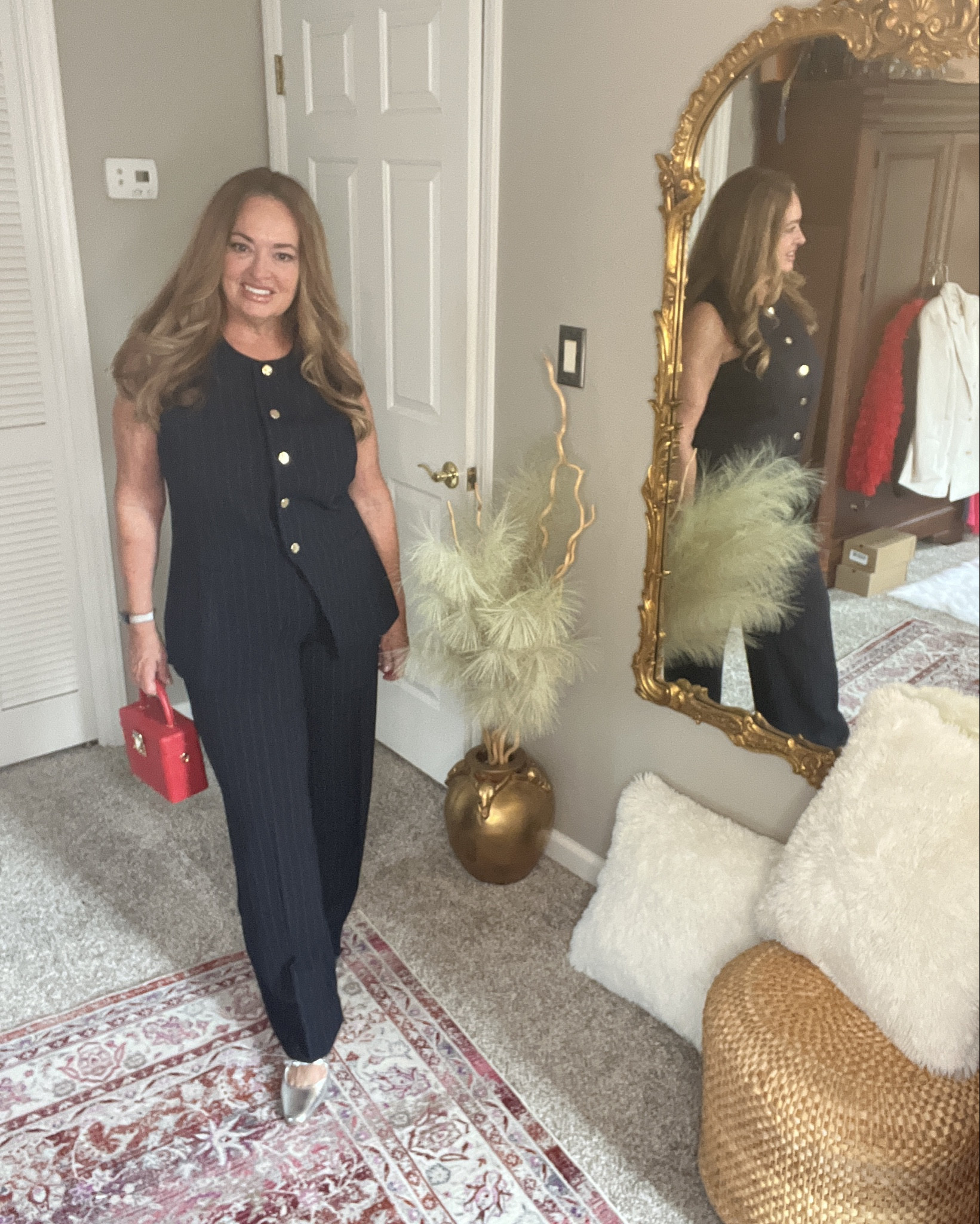 Navy pinstripes vest and pant set.

#LTKMidsize #LTKWorkwear #LTKOver40