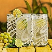 Blown glass highball glasses, 'Whirling White' (set of 6) | NOVICA