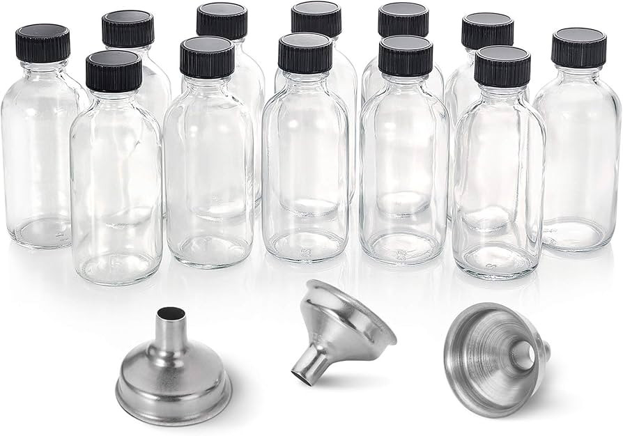 AOZITA 12 Pack, 2 oz Small Clear Glass Bottles w/Lid & 3 Funnels - 60ml Boston Shot Bottles for H... | Amazon (US)