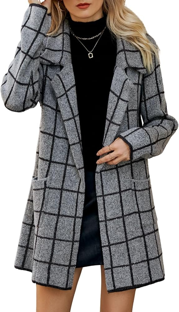 chouyatou Womens Business Casual Plaid Sweater Cardigan Open Front Notched Lapel Knit Blazer Jack... | Amazon (US)