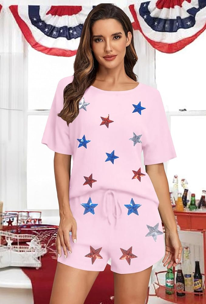 VILOVE 4th of July 2 Piece Sequin Outfits Women 250 Anniversary Usa Shirts and Short Sets Casual ... | Amazon (US)