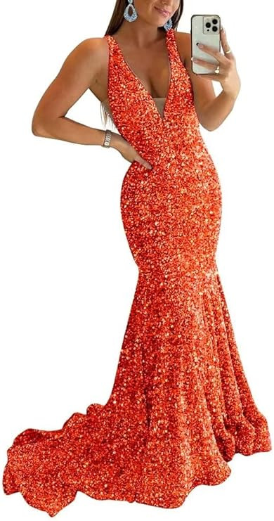 Sparkly Sequin Prom Dresses Long Deep V-Neck Sexy Mermaid Formal Cocktail Dresses for Women Backl... | Amazon (US)