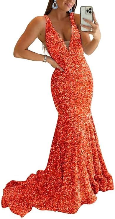 Sparkly Sequin Prom Dresses Long Deep V-Neck Sexy Mermaid Formal Cocktail Dresses for Women Backl... | Amazon (US)