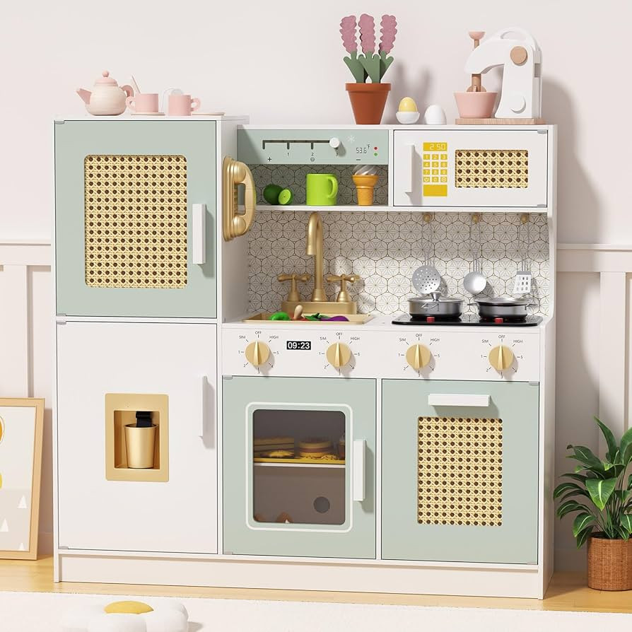 Babytronic Wooden Kitchen Playset for Kids, Pink Pretend Play Kitchen with Lights & Sounds, Retro... | Amazon (US)