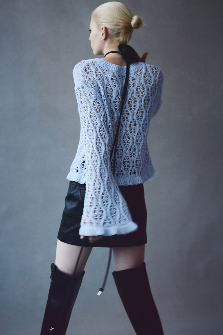 Frill-trimmed pointelle-knit jumper - Light blue - Ladies | H&M GB | H&M (UK, MY, IN, SG, PH, TW, HK)