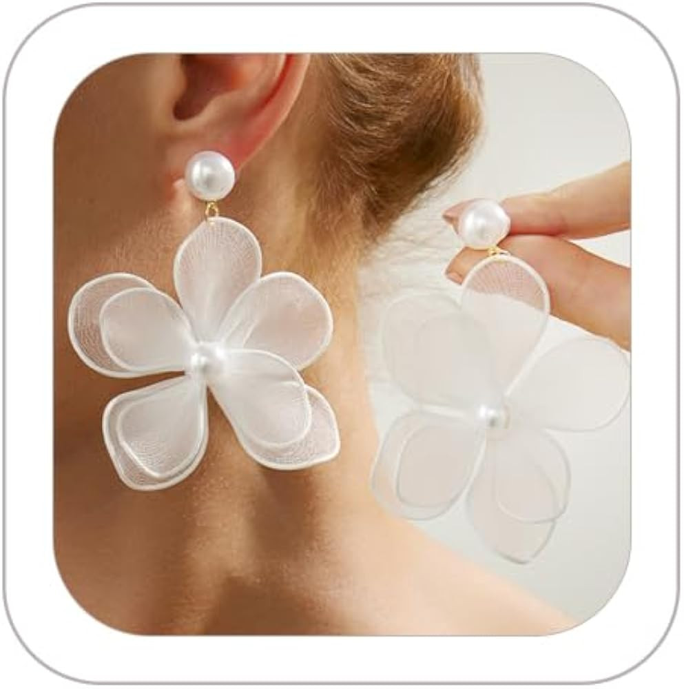 Large Fabric Pearl Flower Earrings for Women Big Floral Dangle Statement Earrings Lightweight Pla... | Amazon (US)