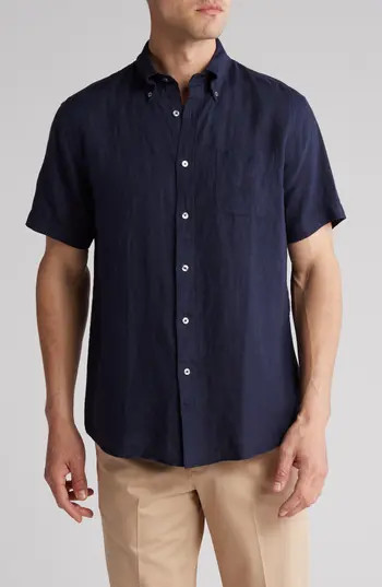Brooks Brothers Regular Fit Short Sleeve Linen Button-Down Shirt in Navy at Nordstrom Rack, Size ... | Nordstrom Rack