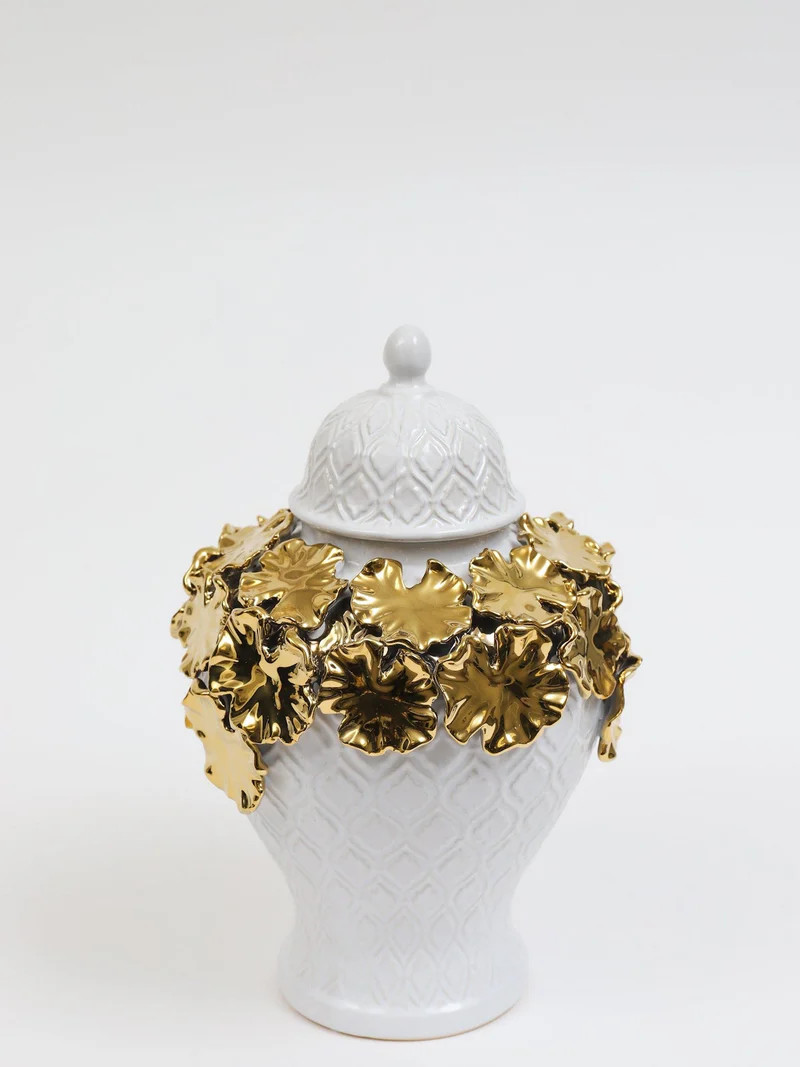 White Textured Ginger Jar with Gold Floral Design (3 Sizes) | Inspire Me! Home Decor