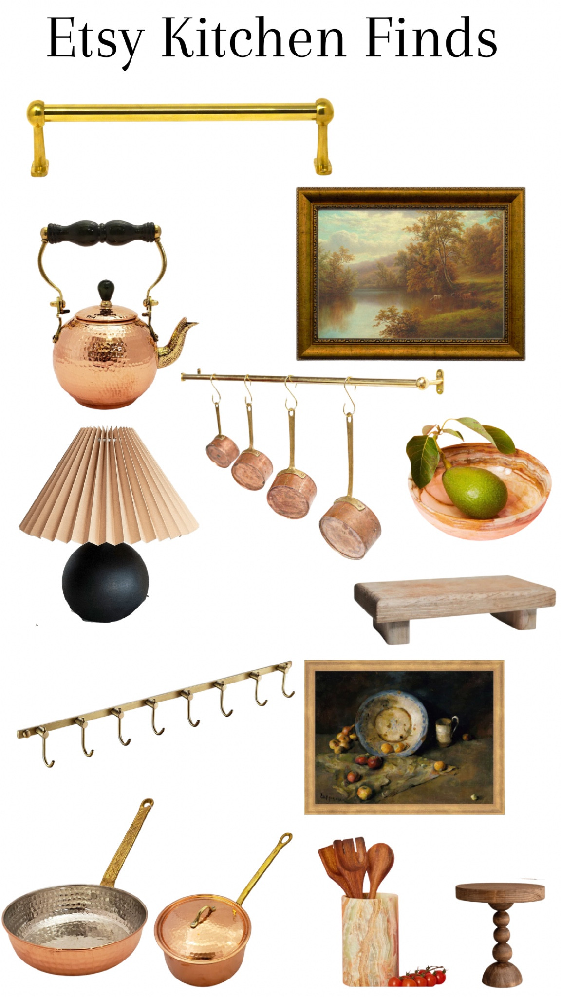 Brass rod hooks for kitchen, copper pan, copper pot, Kitchen ware, wood pedestal, sink, still life oil painting vintage art framed, kettle, pleated lampshade, lamp, mini lamp, kitchen lamp￼

#LTKhome #LTKCyberweek #LTKstyletip