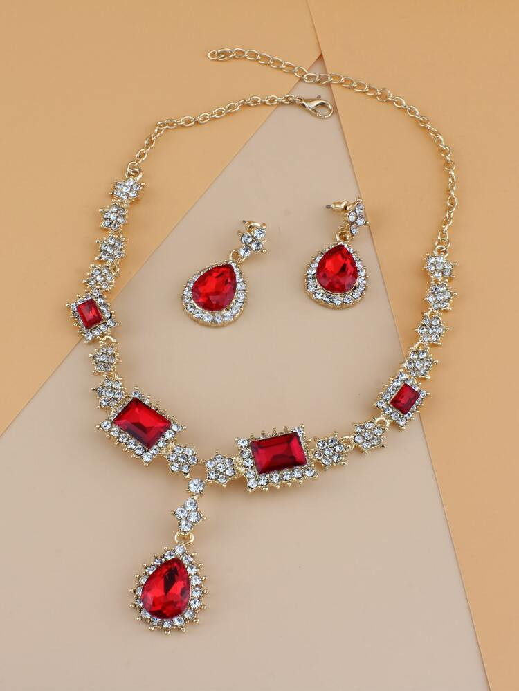 Rhinestone Water-drop Decor Necklace & Drop Earrings | SHEIN