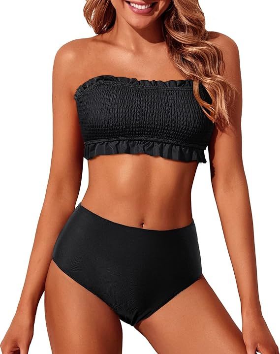 Tempt Me Women Bandeau High Waisted Bikini Sets Smocked Swimsuit Strapless Two Piece B... | Amazon (US)