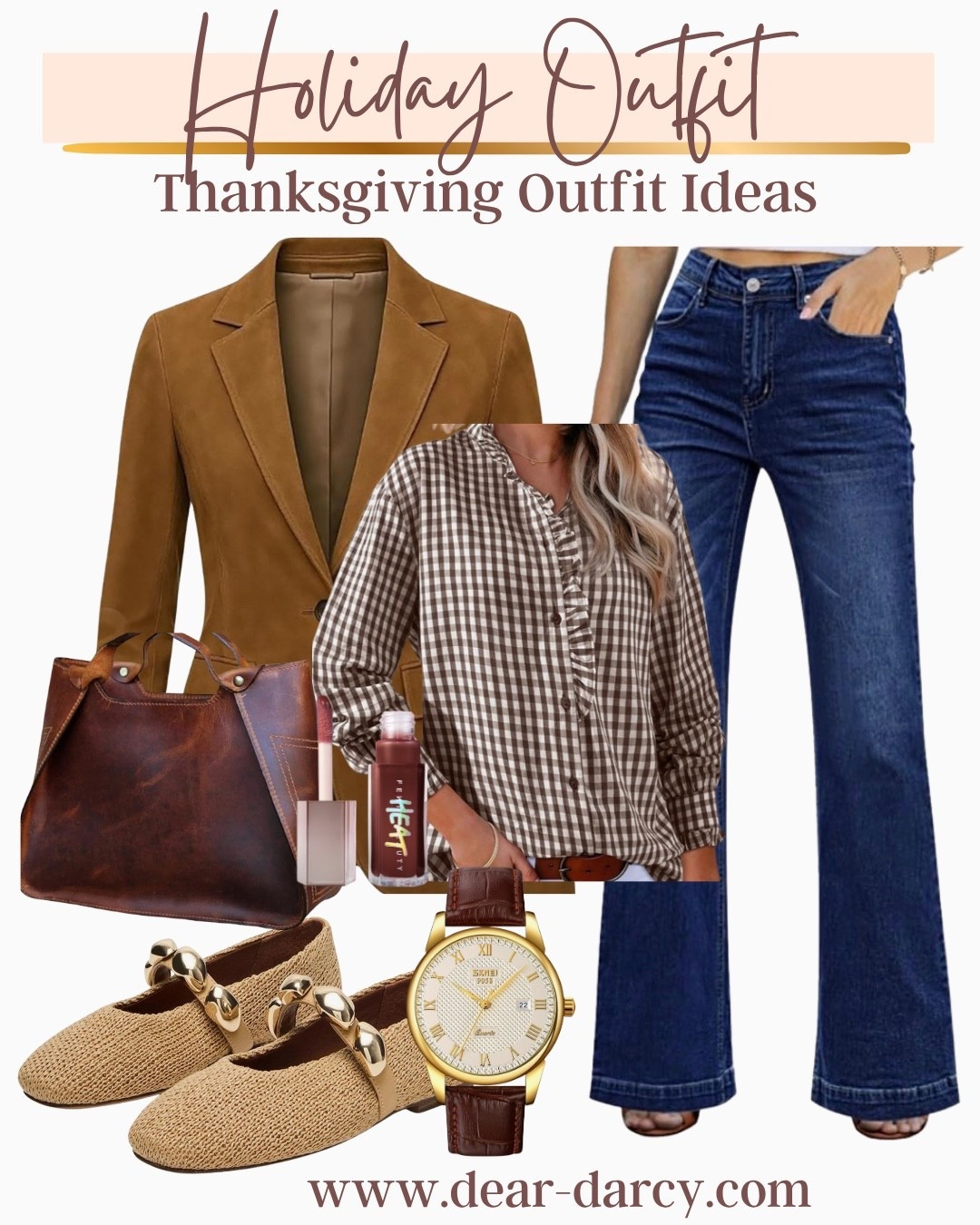 Thanksgiving outfit inspiration 

Elevated casual, Ralph Lauren vibe on a affordable budget✔️


Dark jeans was with a little flare

Brown gingham button up tts 

Suede blazer tts 

Dark leather satchel Amazon find 

Amazon find watch 

Maryjane’s that are so cute and comfy 

Fenty Heat lip gloss


#LTKOver40 #LTKStyleTip #LTKSaleAlert