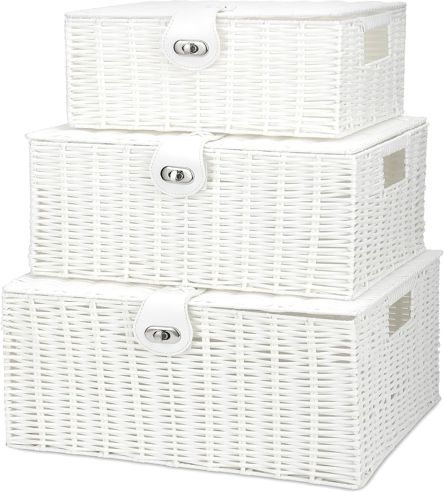 Honygebia White Wicker Storage Baskets - Set of 3 Decorative Nesting Boxes with Lids, Woven Baske... | Amazon (US)