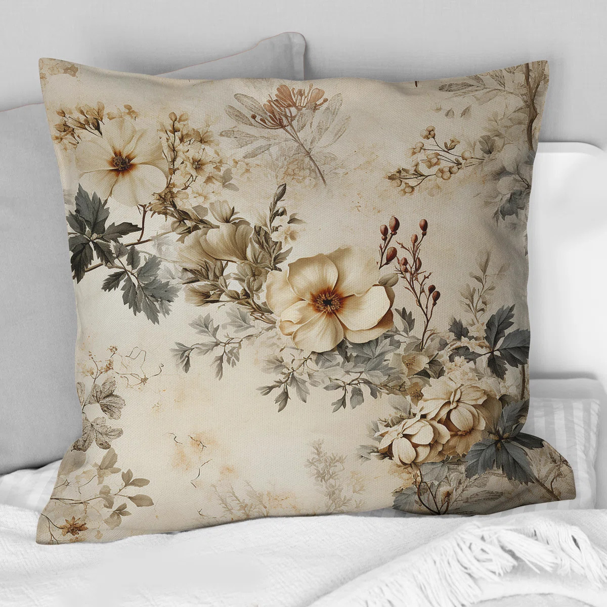 Vintage Beige Floral Countryhome Charm III - Floral Printed Throw Pillow | Wayfair North America