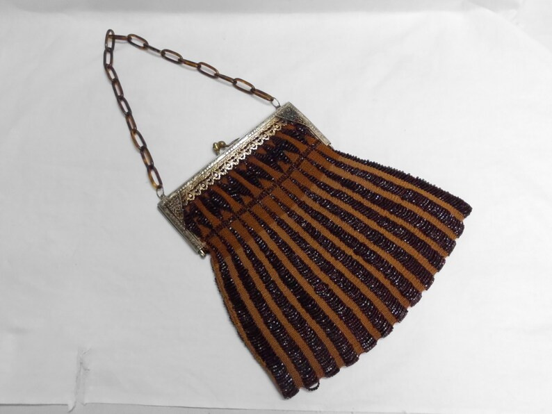 1920s Beaded Bag Flappers Purse Striped Chocolate Brown Glass Beads Fancy Metal Frame and It's Li... | Etsy (US)